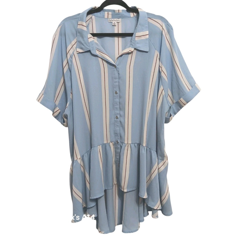 Ophelia Roe Women's Top 3XL Striped High-Low Blouse Short Sleeve Blue